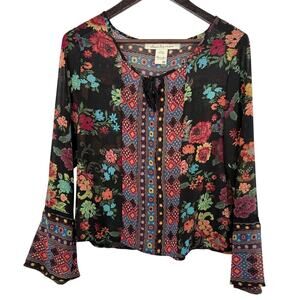 American Rag Boho Blouse Womens Medium Black Floral Peasant Bell Sleeve Sheer